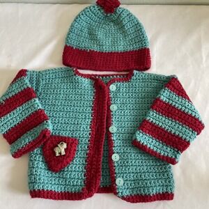 Vintage Hand-Knit Child's Button Up Girls Boys Blue Red Cardigan Sweater Hat Set